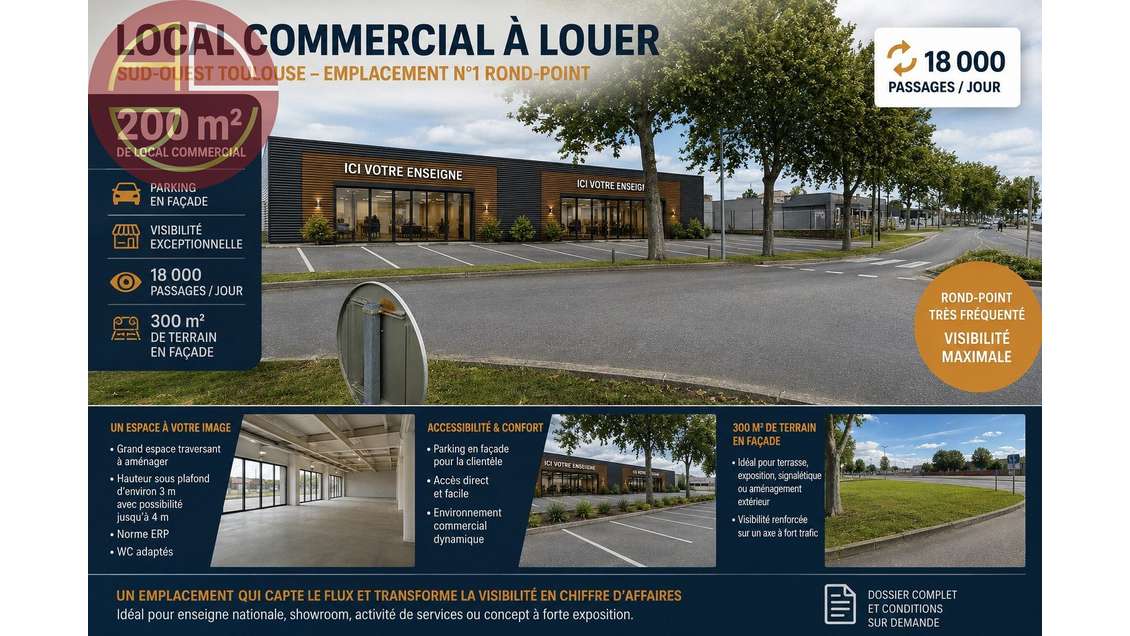 Local commercial à louer 200m² Sud-Ouest Toulouse