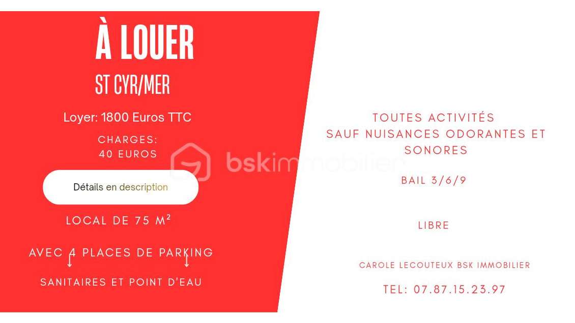 À louer local commercial 75m² à Saint-Cyr-sur-Mer