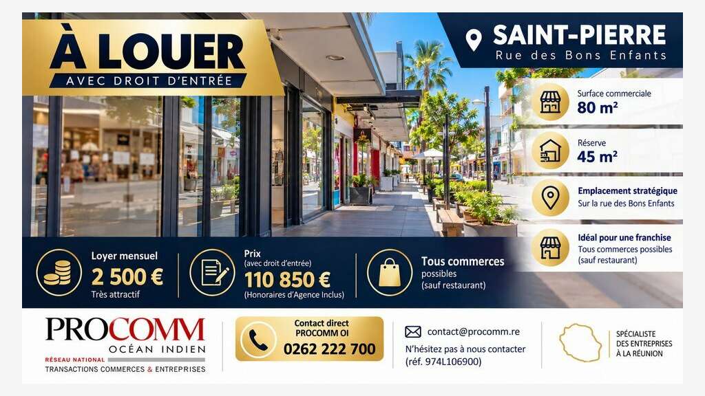 Loue local commercial 80m² + réserve Saint Pierre
