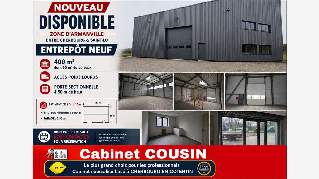 A louer entrepôt neuf 400m² à Valognes Armanville
