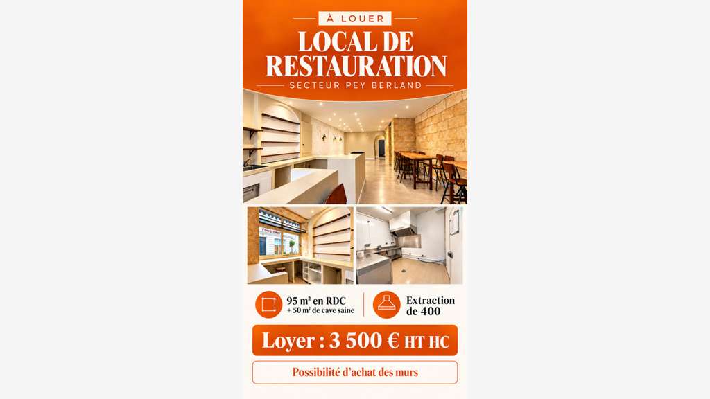 A louer local restaurant 95m² Bordeaux Pey Berland