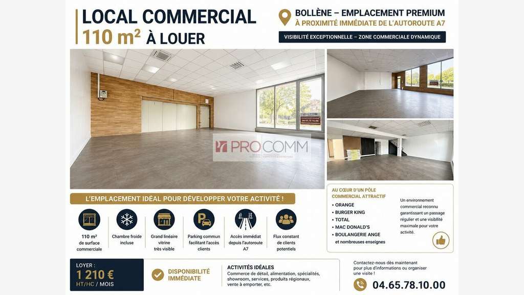 Local commercial 110m² à louer proche A7 à Bollène