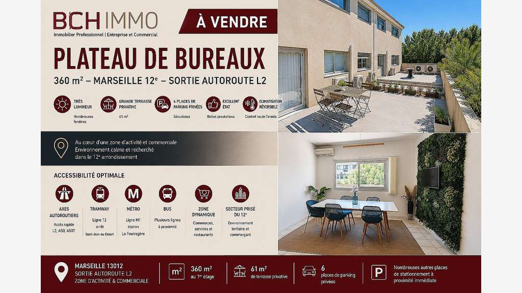 Vente plateau de bureaux lumineux, terrasse et