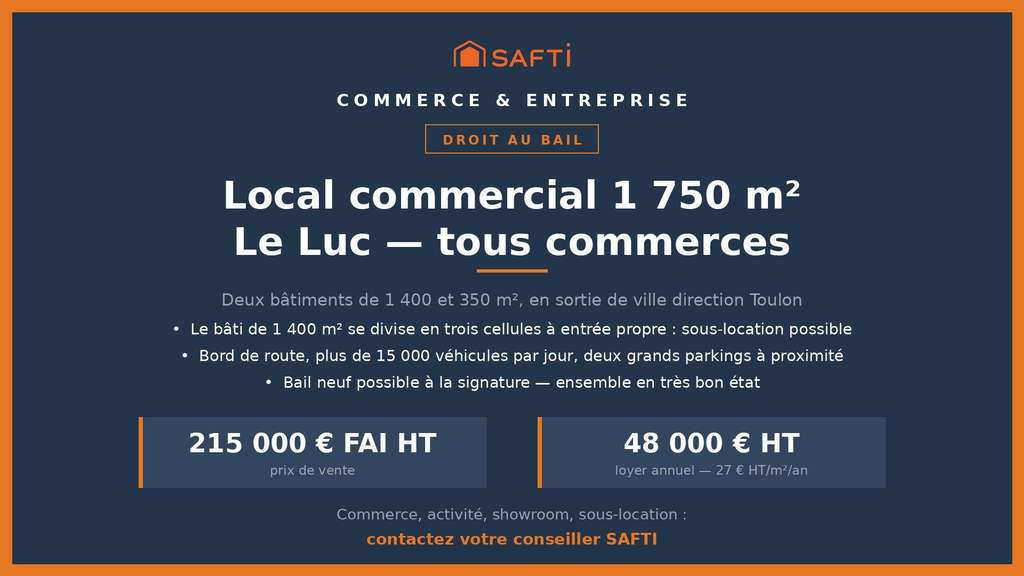 Cède droit au bail 1 750m² tous commerces Le Luc