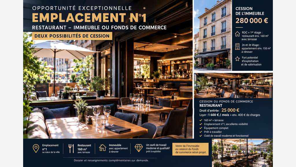 EMPLACEMENT N°1  MURS RESTAURANT PRÊT À TRAVAILLER