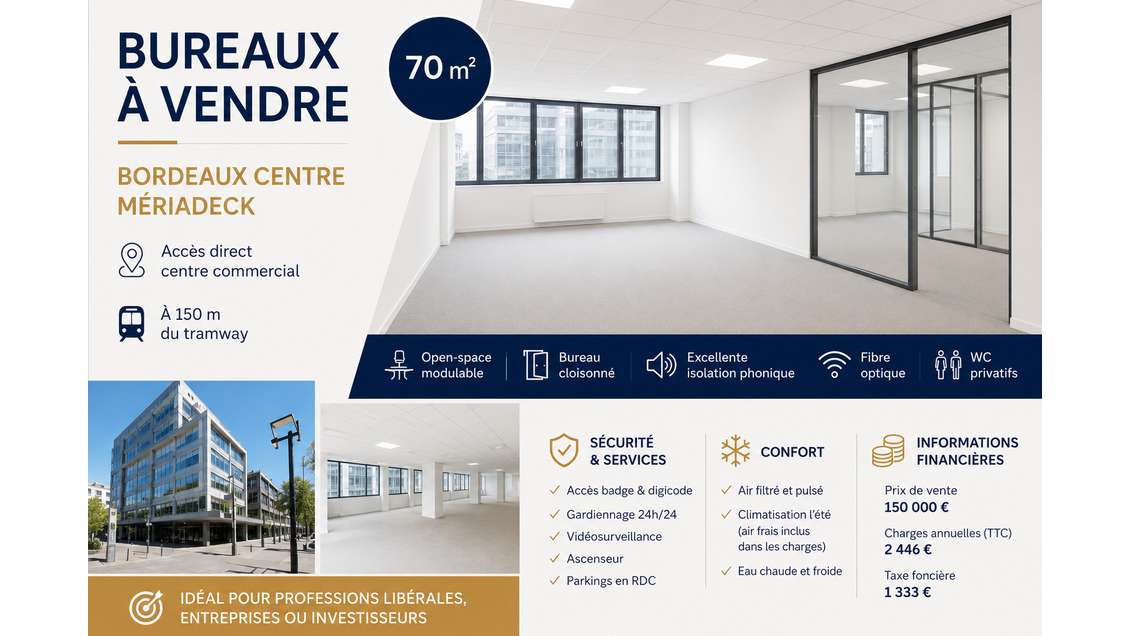 BORDEAUX MÉRIADECK BUREAUX DE 70 M² À VENDRE