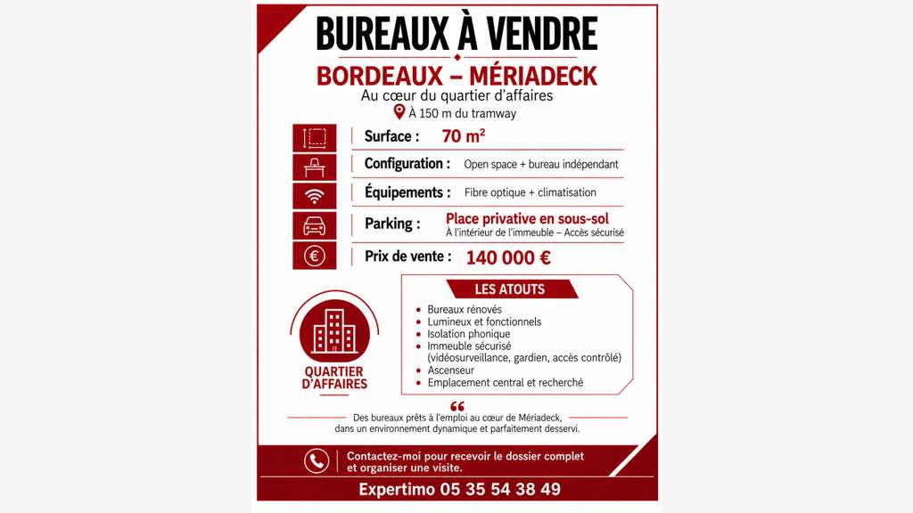 AV bureaux 70m² proche tram à Bordeaux Mériadeck