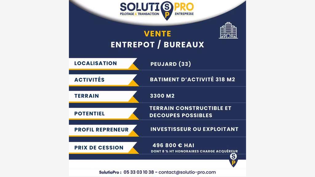 Vente entrepôt 318m² + terrain à Peujard (33240)