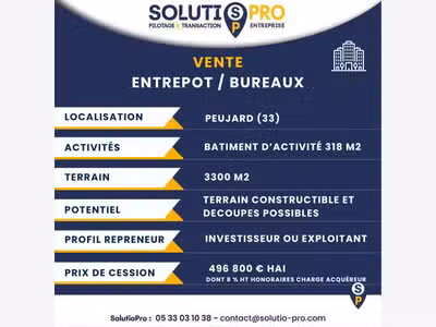 Vente entrepôt 318m² + terrain à Peujard (33240)