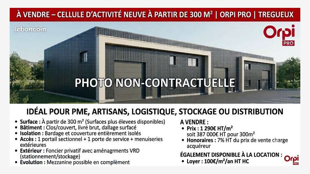A VENDRE - LOCAL D'ACTIVITE NEUVE 300m² - TREGUEUX