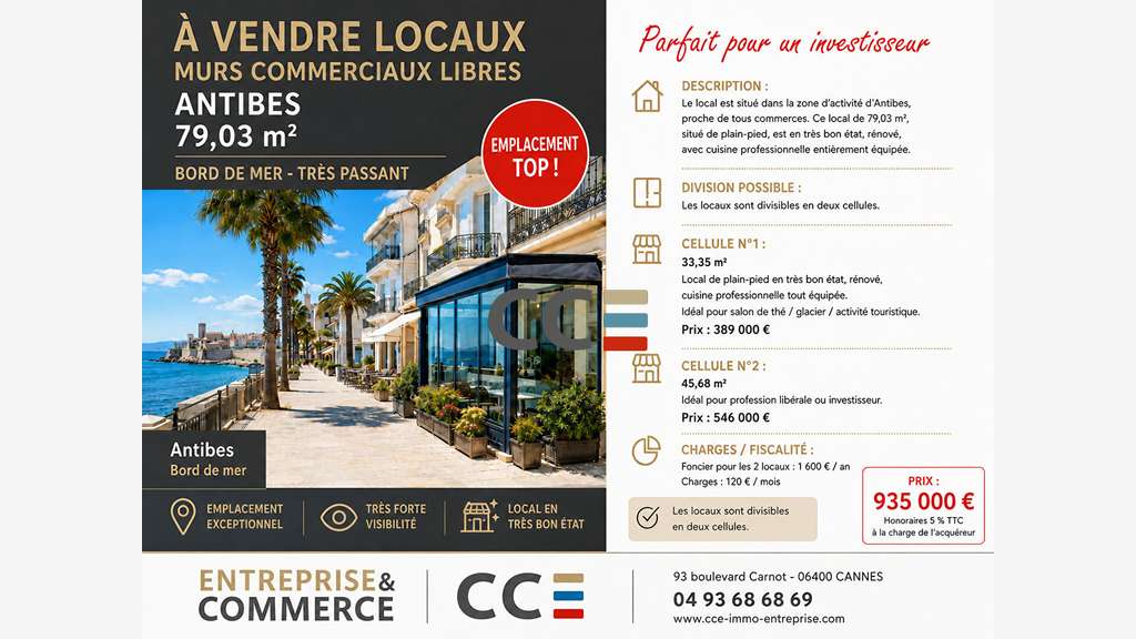 Vente murs libres 79m² en bord de mer à Antibes