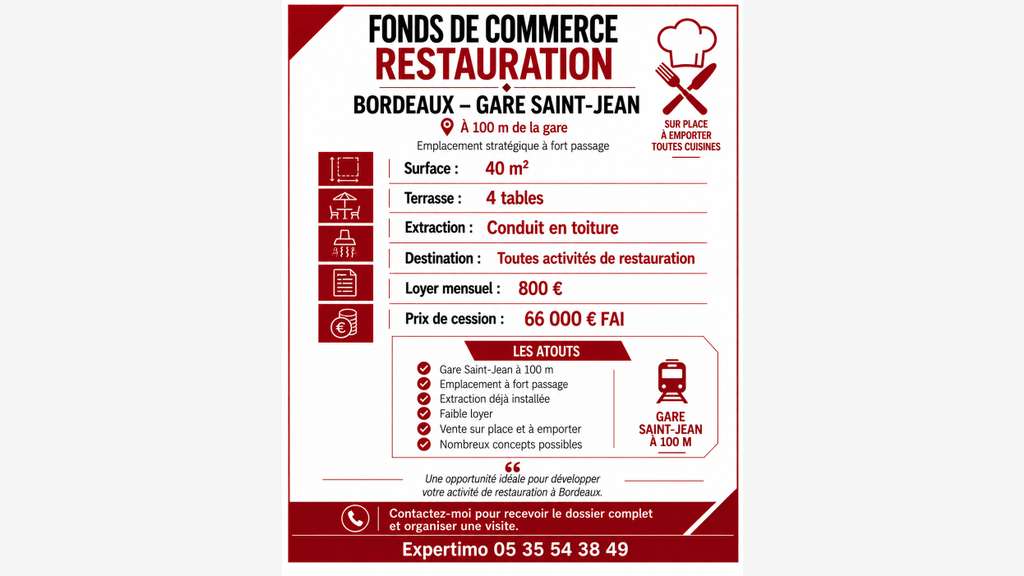 Vente local restauration Bordeaux Gare Saint -Jean