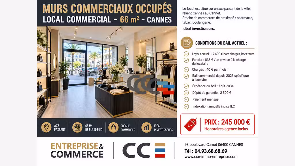 AV murs commerciaux 66m² Cannes emplacement N°1