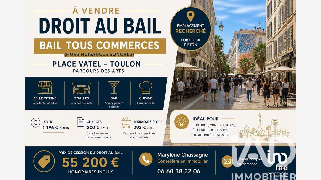 Cède bail local commercial de 62m² à Toulon centre