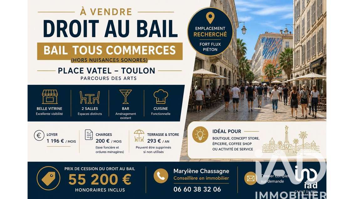 Cède bail local commercial de 62m² à Toulon centre