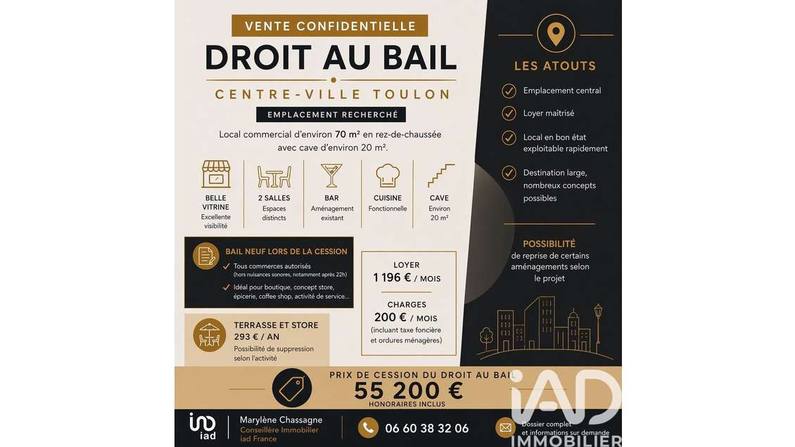Cède bail local commercial de 62m² à Toulon centre