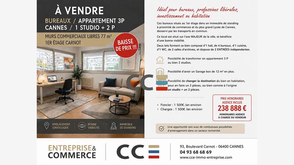 Vente bureaux 77m²R+1 à Cannes Carnot 