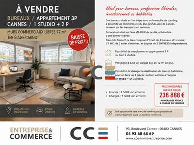 Vente bureaux 77m²R+1 à Cannes Carnot 