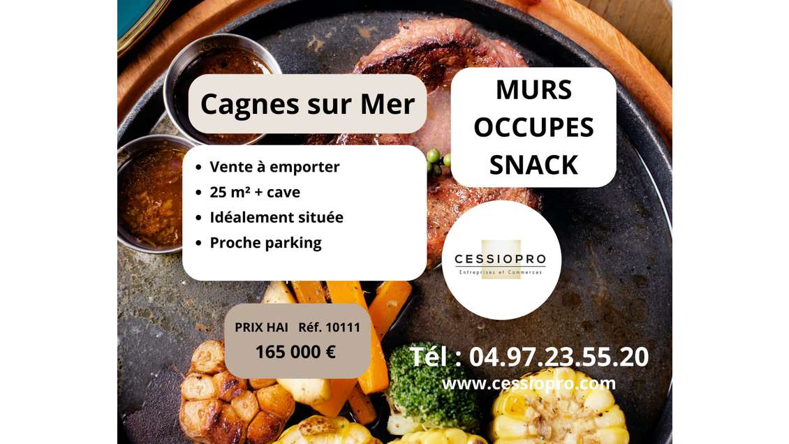 Murs occupés snack VAE  25m²+sous sol à Cagnes