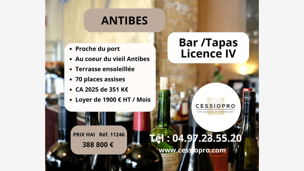 Vente bar tapas 82m² ensoleillé à Antibes centre