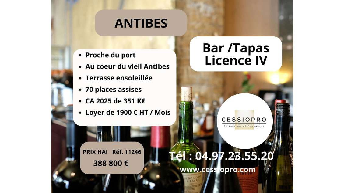 Vente bar tapas 82m² ensoleillé à Antibes centre