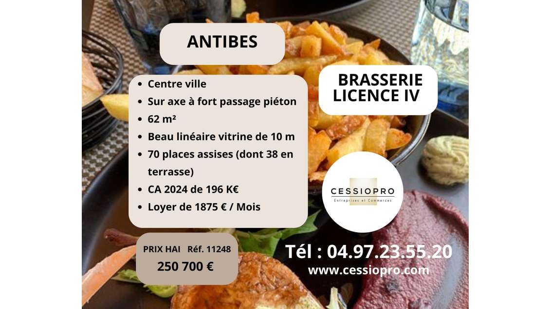 Vente brasserie licence IV avec terrasse à Antibes