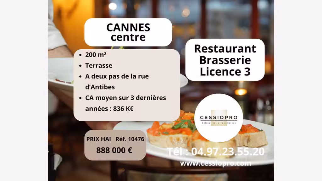 Vente restaurant brasserie 130 places lic 3 Cannes