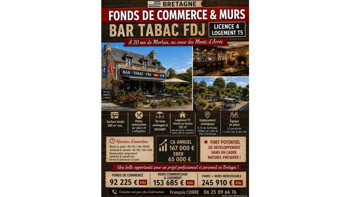 AV murs et fonds bar tabac avec logement Bretagne