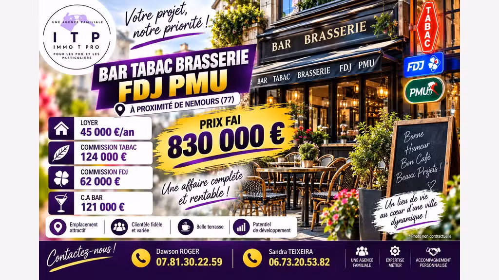 Vente murs et fonds bar tabac brasserie à Nemours