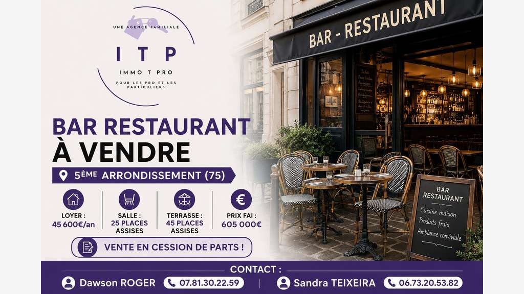AV bar restaurant dans quartier très connu à Paris