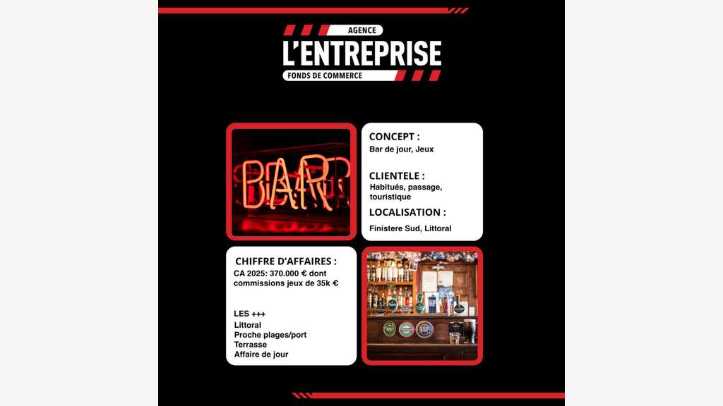 A vendre FDC bar jeux littoral Sud-Finistère