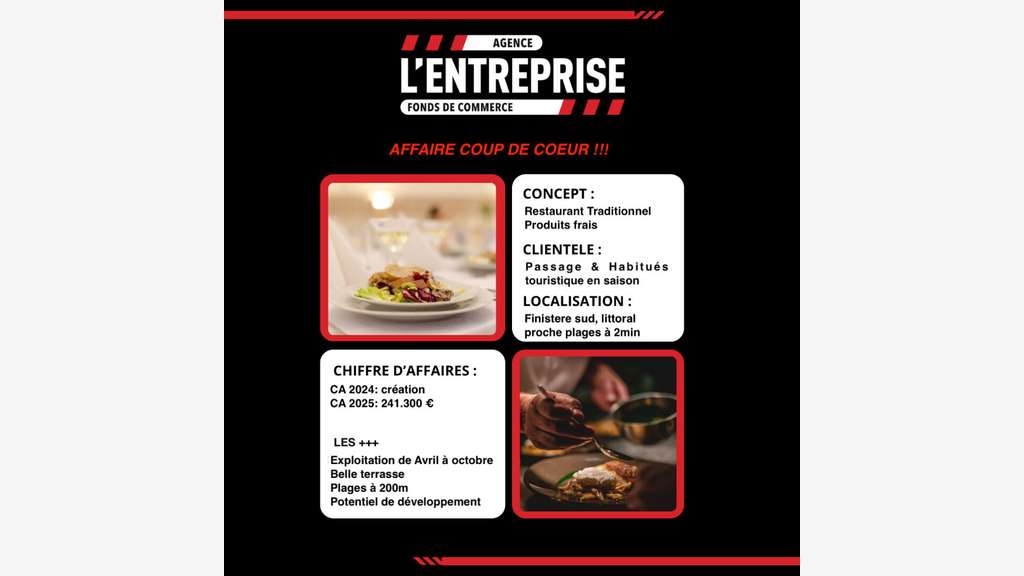 A vendre restaurant licence IV Finistère Sud 