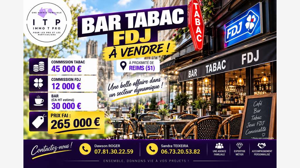 BEAU BAR TABAC FDJ DANS LA PÉRIPHÉRIE DE REIMS (