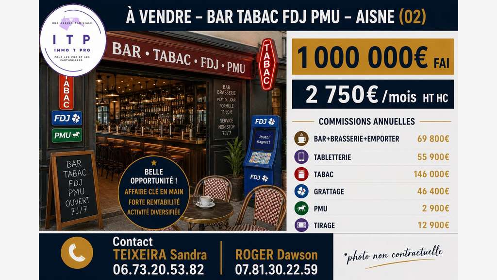 Vente bar tabac FDJ PMU dans une belle ville du 02