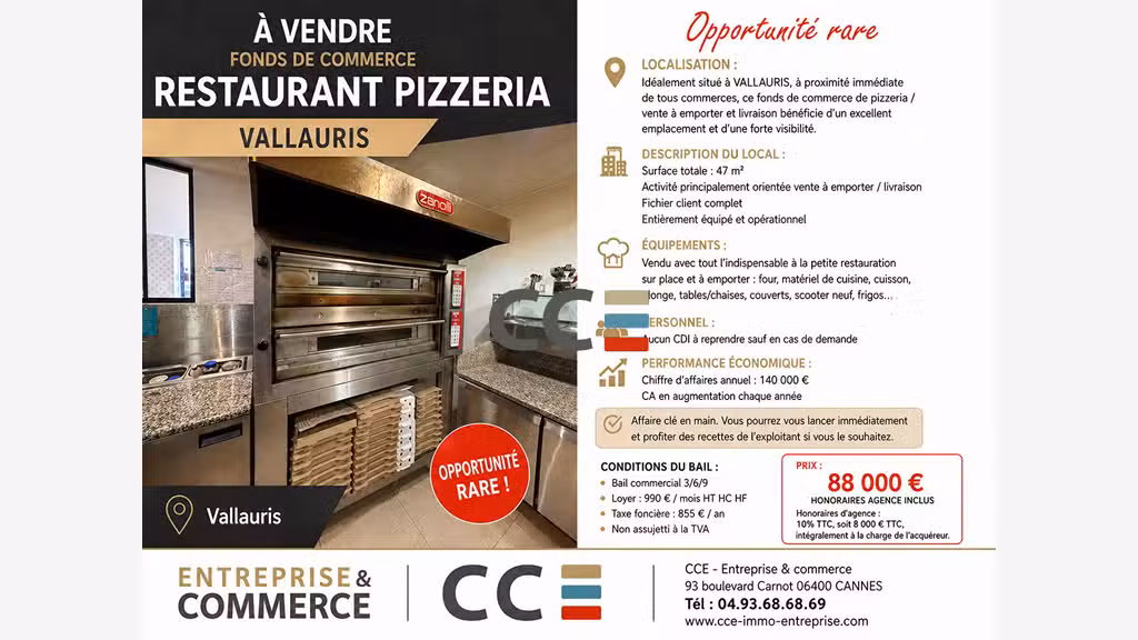 Vente FC pizzeria Idéalement située à Vallauris
