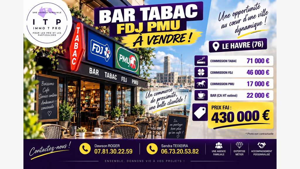 Vente bar tabac FDJ PMU en ccial ouvert du Havre