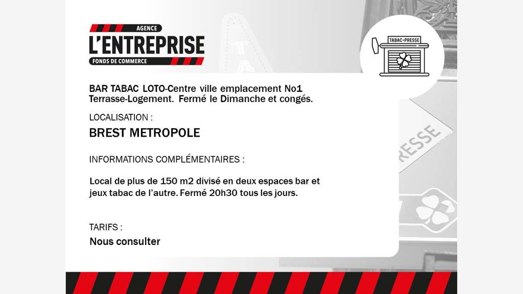 Vente FDC bar tabac loto PMU centre ville 29