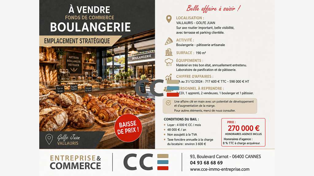 Vente boulangerie pâtisserie dept Alpes Maritimes
