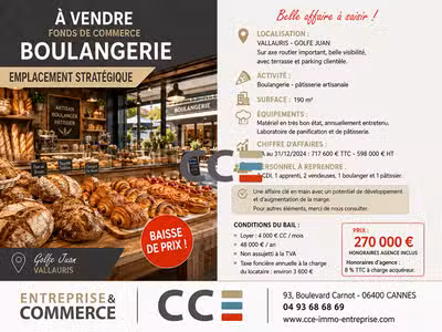Vente boulangerie pâtisserie dept Alpes Maritimes