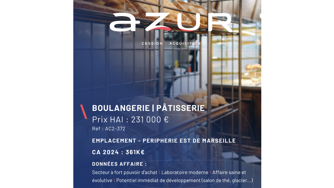 VENTE Boulangerie d'angle périphérie Est Marseille