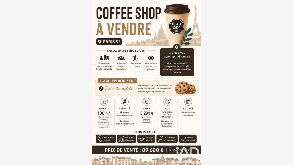 Vente Coffee Shop terrasse Paris 75009 empl strat