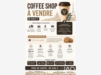 Vente Coffee Shop terrasse Paris 75009 empl strat
