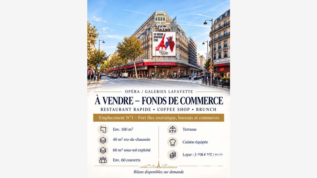 Vente restauration rapide à Paris Opéra Lafayette