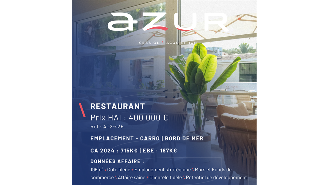 VENTE Restaurant en bord de mer Côte Bleue