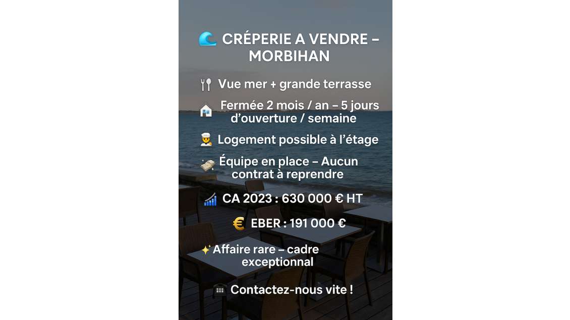 Vente crêperie de charme avec vue mer en Morbihan