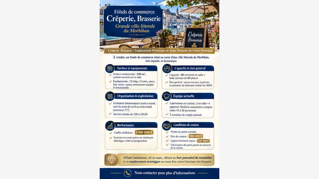Vente crêperie brasserie 250m² littoral Morbihan
