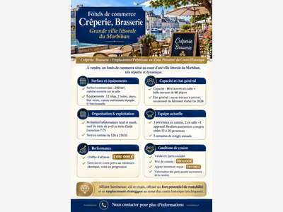 Vente crêperie brasserie 250m² littoral Morbihan