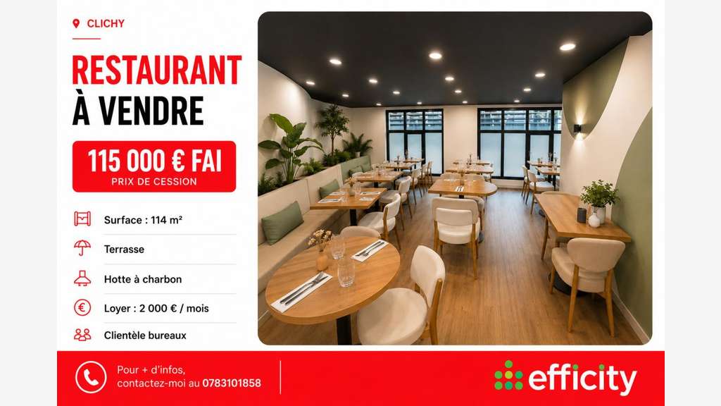 Vente restaurant de 114m² avec terrasse à Clichy