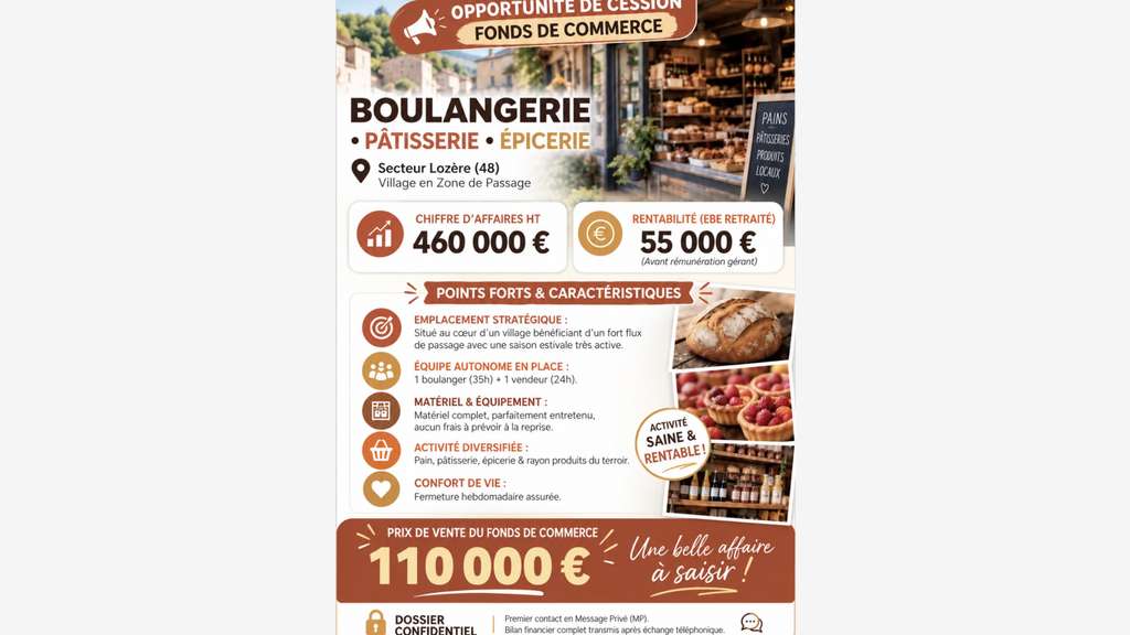 Boulangerie-Épicerie – 460 K€ CA – EBE 55 K€ – Loz