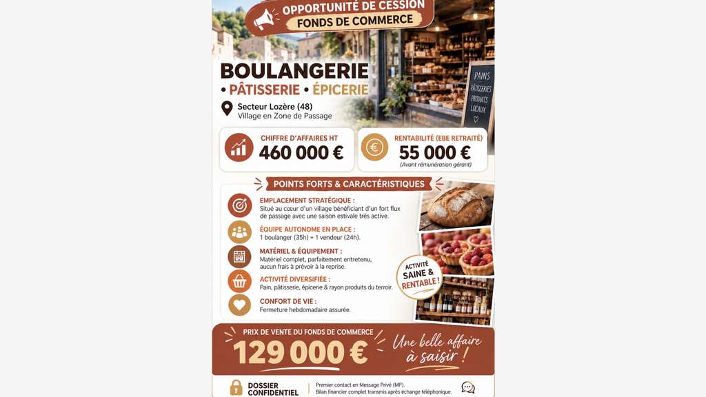 Boulangerie-Épicerie – 460 K€ CA – EBE 55 K€ – Loz